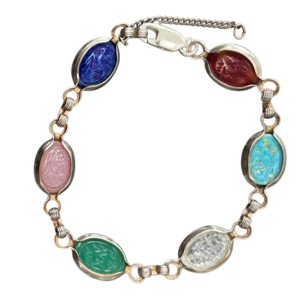 Vintage Scarab Bracelet Silver Retro Jewelry 60s MCM Carved Multicolor Stones - Picture 4 of 12